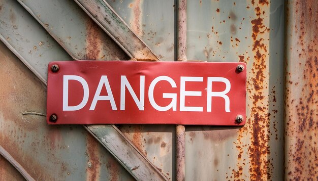 Red sign DANGER on old rusty metal wall or fence Warning message Forbidden to entry