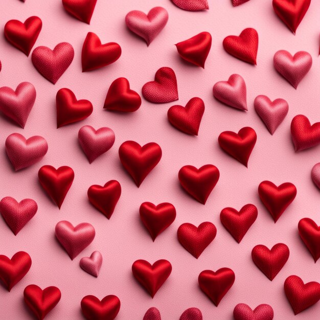 Red silk hearts on a pink concrete background