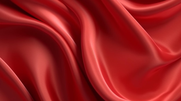 赤いシルクの絹のような生地、エレガントで豪華な波状の光沢のある豪華な輝きのカーテンの背景
