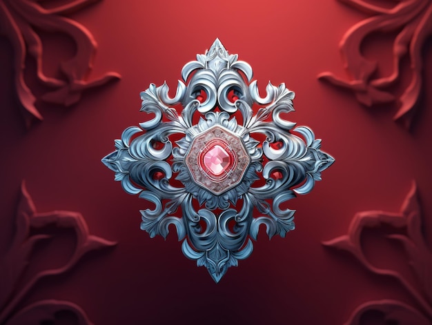 A red and silver decorative design with a diamond in the center.