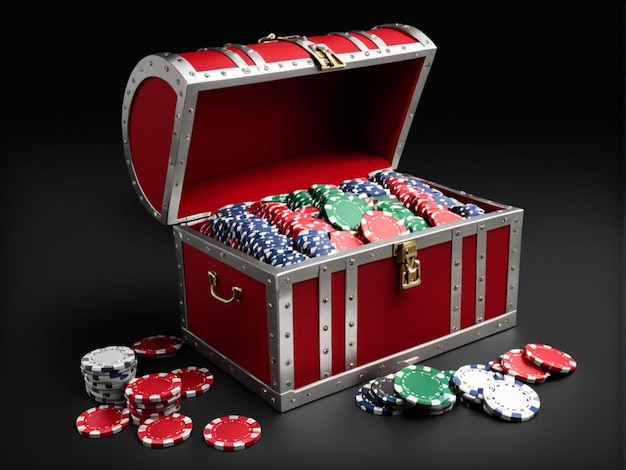 Red And Silver Opened Treasure Chest Filled With Gambling Chips On Empty Space Black Background 3D