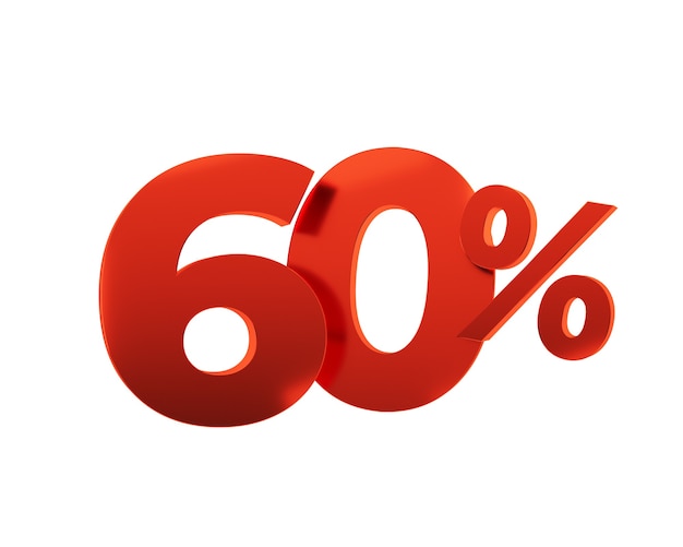 Red sixty percent on white background. 3d render illustration.