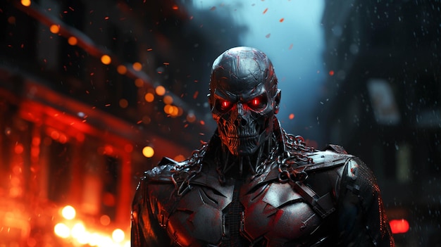 A red skull with black and blue background