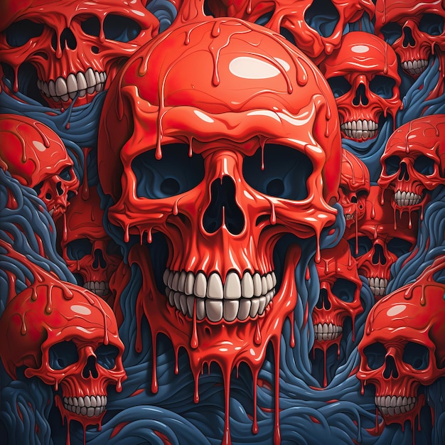 A red skull with black and blue background