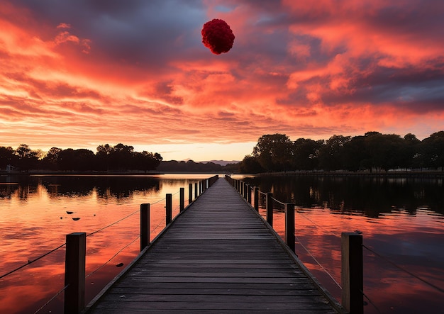 Foto interpretazione artistica del globo rosso del cielo sopra il molo di legno