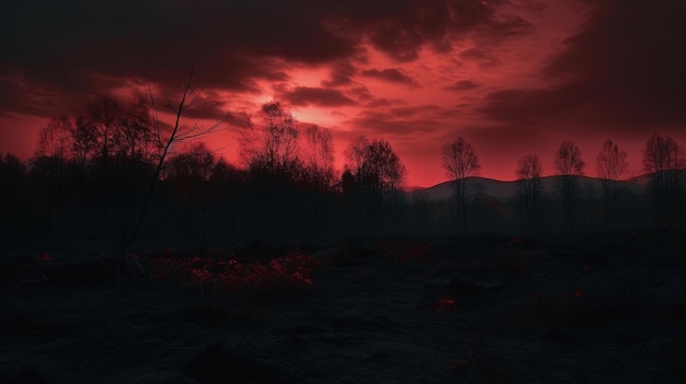 A red sky in the forest