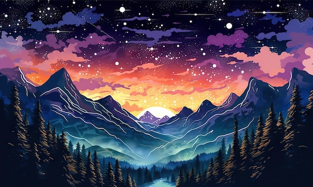 red sky at Sunset Anime summer landscape Starry sky illustration poster