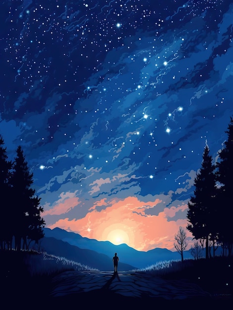 red sky at Sunset Anime summer landscape Starry sky illustration poster