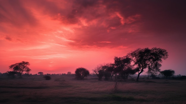 A red sky with clouds and a red sky with a few trees in the foreground.