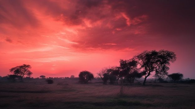 A red sky with clouds and trees in the foreground