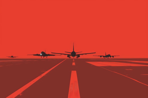 Red Sky With Line of Planes on Runway