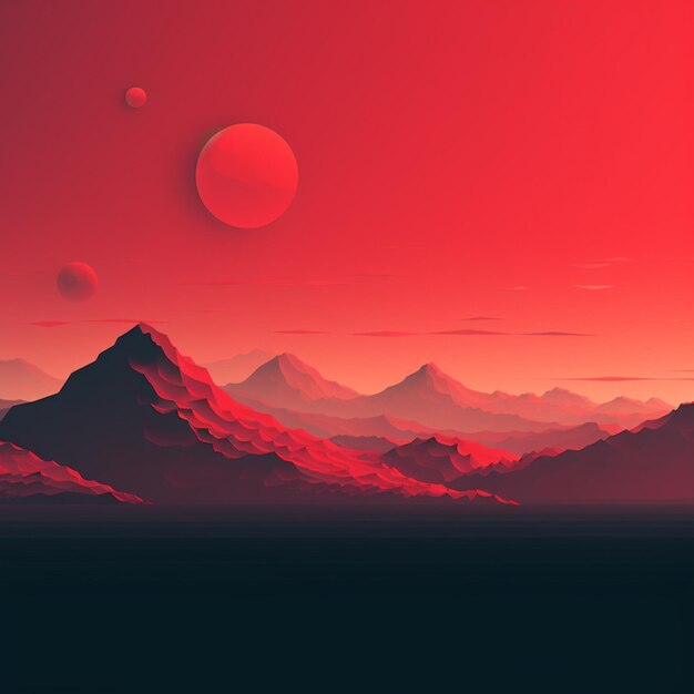 a red sky with a red background with a red sun and two planets