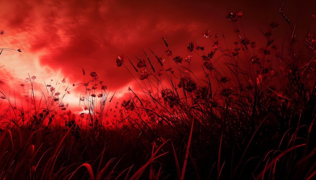 a red sky with the sun behind the flowers