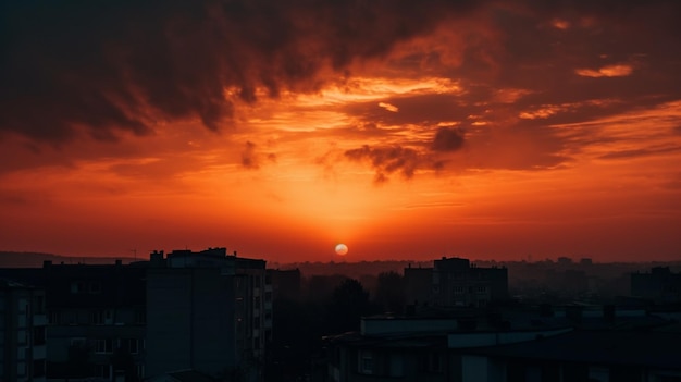 Красное небо с закатом солнца за городскими зданиями