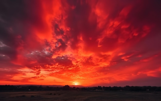 A red sky with the sun setting behind it