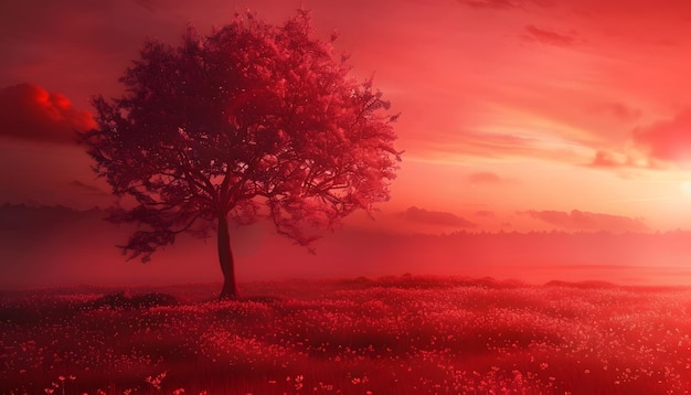 a red sky with a tree in it