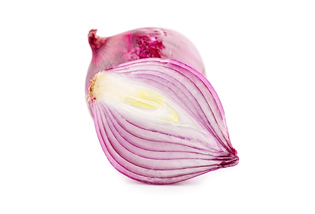 Red sliced onion isolated on white background