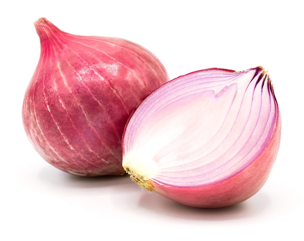 Red sliced onion isolated on white background