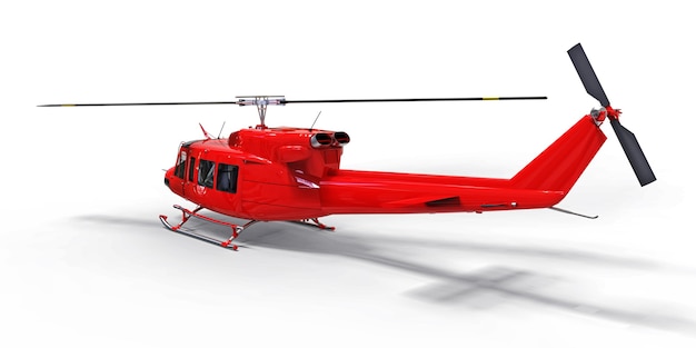 Red small military transport helicopter on white isolated background. The helicopter rescue service. Air taxi. Helicopter for police, fire, ambulance and rescue service. 3d illustration.