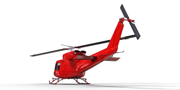 Red small military transport helicopter on white isolated space. The helicopter rescue service. Air taxi. Helicopter for police, fire, ambulance and rescue service. 3d illustration.