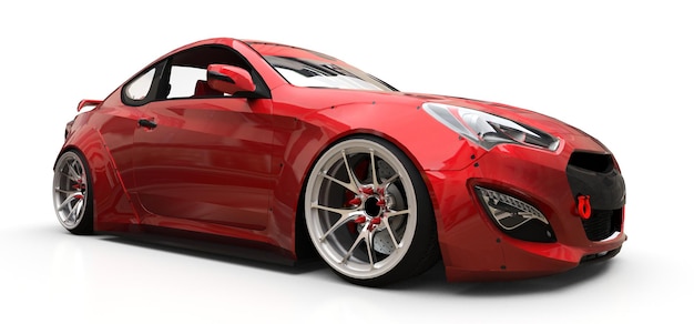 Red small sports car coupe on white background. 3d rendering.