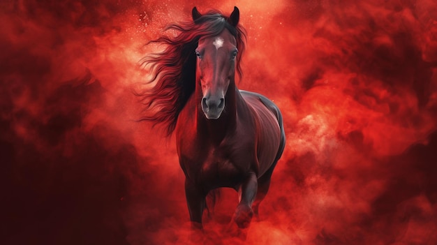 赤いスモーキーな背景の馬が走っている美しい画像 Ai 生成アート