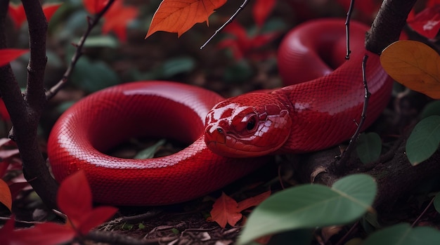 the red snake is on the tree trunk