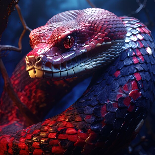 a red snake with a red head and a black background