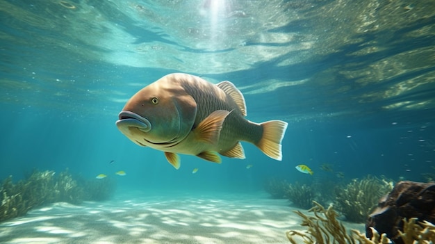 Красная соленая рыба плавает под водой. Изображение сгенерировано ИИ.