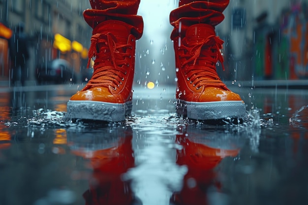 Red sneakers standing in the rain