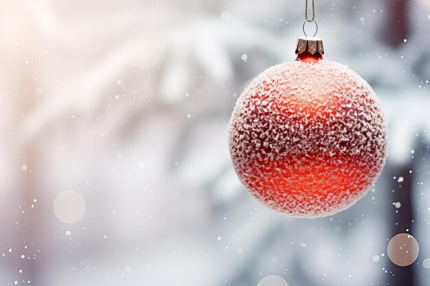 Red snowed christmas ball hanging a natural branch of a tree generative ai