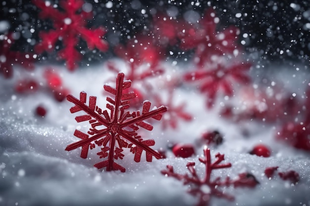 雪の降る環境の赤い雪の結晶クリスマス背景クリスマスの時期