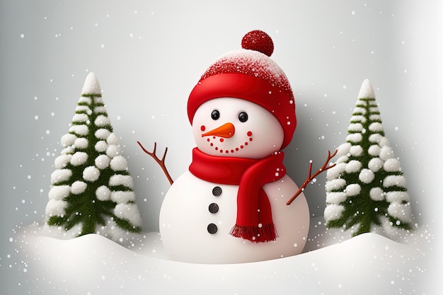 Red snowman on white fluffy snow