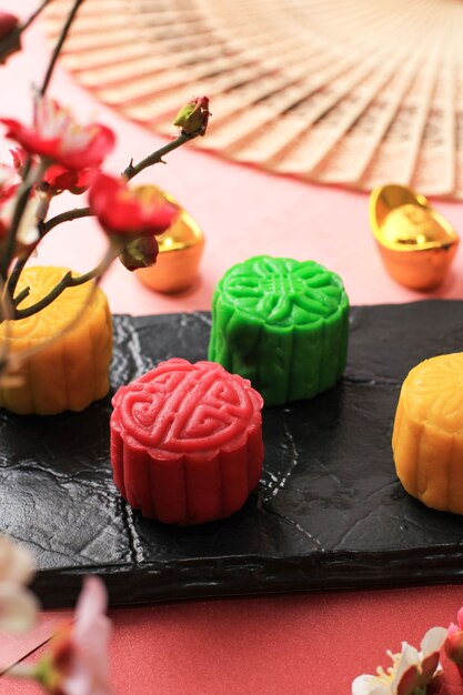 Red Snowskin Moon Cake. New Variation of Mooncake, Mochi Dough Filled Custard, Red Bean or Mung Bean Paste. Moulded in Mooncake Mould.