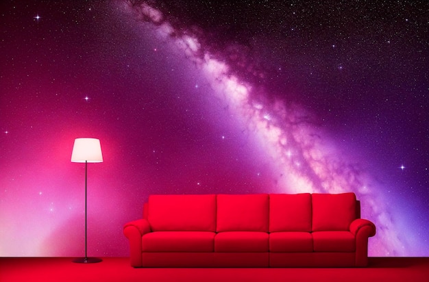 Red sofa on the background of the night and starry sky Generative AI