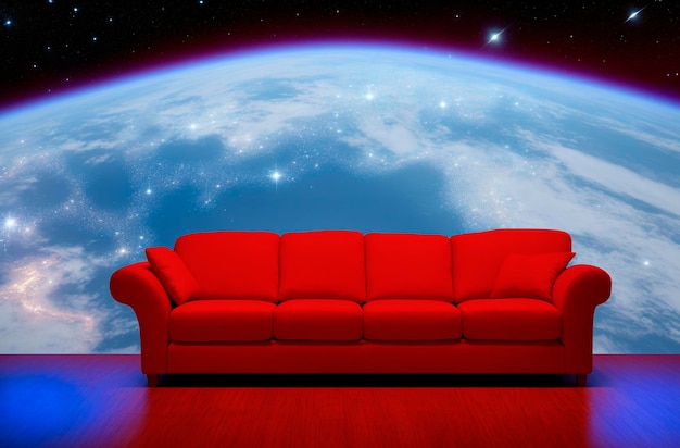 Red sofa on the background of the night and starry sky Generative AI
