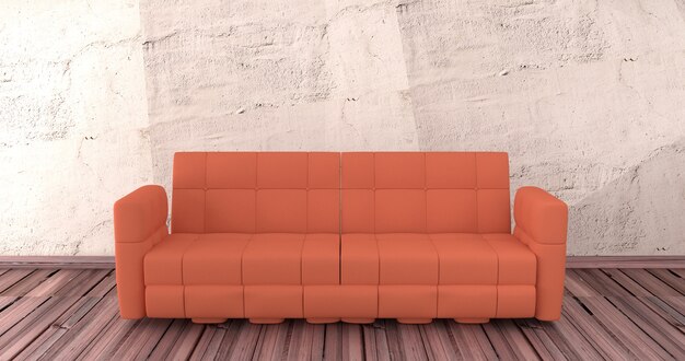 Red sofa is on wood floor with cement background