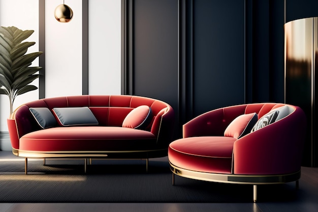 A red sofa in a living room with gold accents and a gold base.
