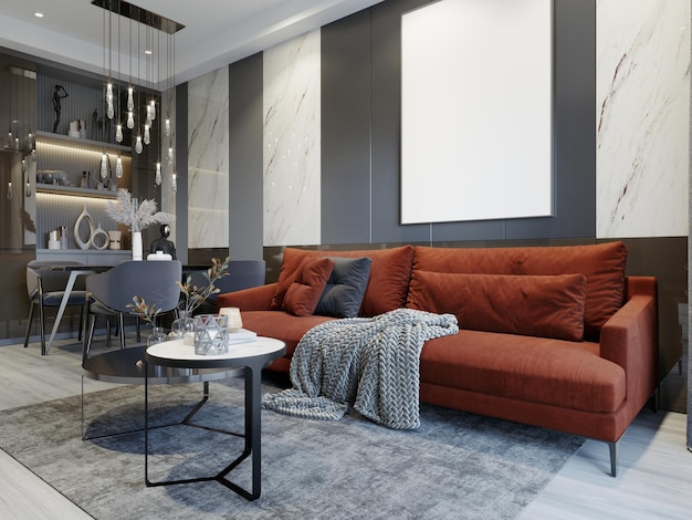 Red sofa in the living room with gray and white walls in contemporary style with white canvas and coffee tables 3d rendering