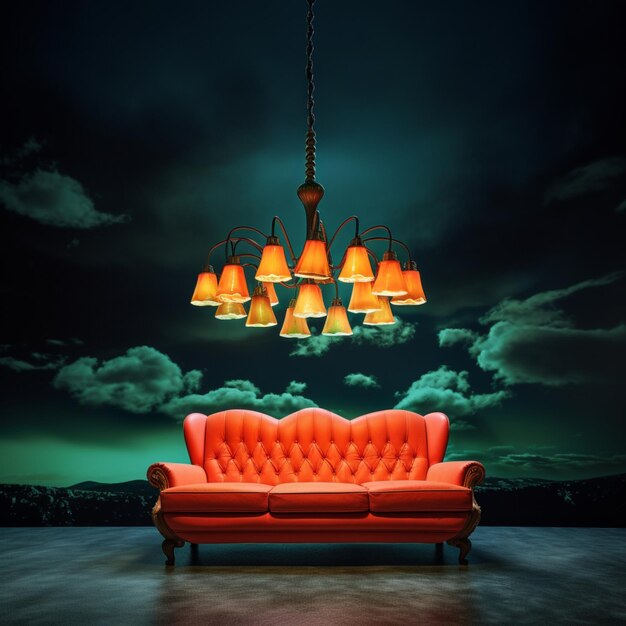 Red sofa raw quality chandelier hangs dark night image AI generated art