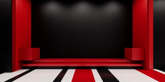 A red sofa in a room with a black floor and a red carpet.