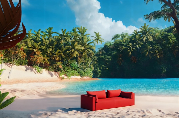 A red sofa standing against the background of a sandy beach next to the ocean with palm trees Generative AI