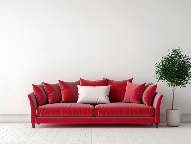 Photo red sofa with pillows in front of white interior wall