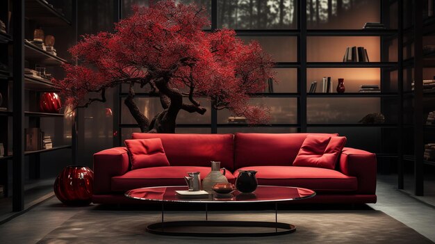 Photo red sofa with red velvet in a modern interior with a dark blue velvet and a red sofa