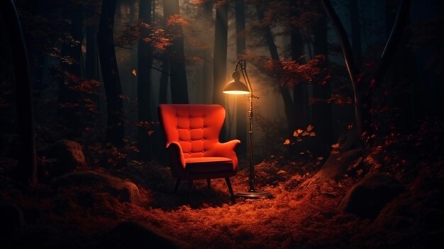 Red soft chair in the woods with a lamp a quiet place