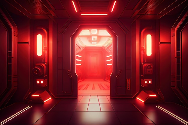 Red spaceship scifi corridor Generative Ai