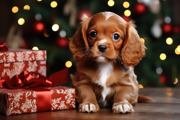 Red spaniel puppy with Christmas gifts and a Christmas tree New Year holiday card