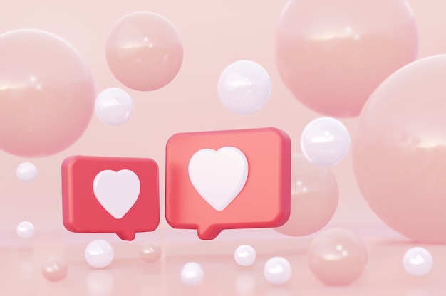 Red speech bubble with hearts A gentle coral background among the spheres