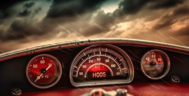 Red speedometers on a car in the background of a storm