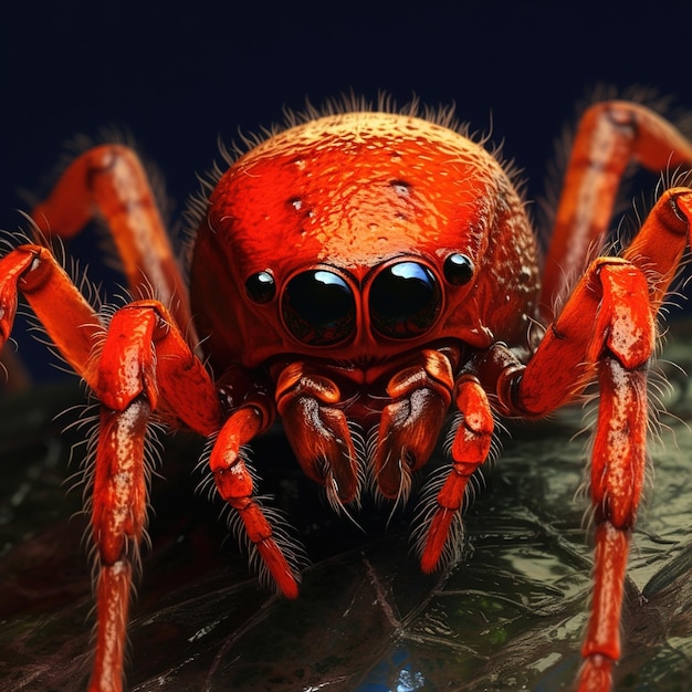 A red spider with big eyes and a black nose.